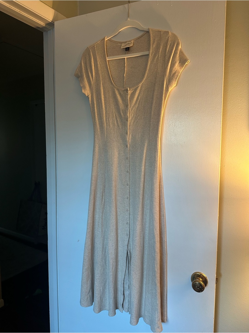 Beige Ribbed Button Front Maxi Dress